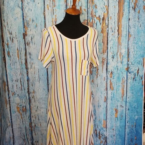 LULAROE Carly Light Grey W/ Red Yellow & Blue Stripes XSmall Short Casual Dress - Picture 2 of 8